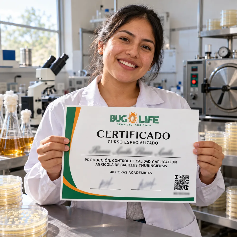 Alumna de Bug Life Perú en el laboratorio mostrando su certificado del curso de producción, control de calidad y aplicación agrícola de Bacillus thuringiensis