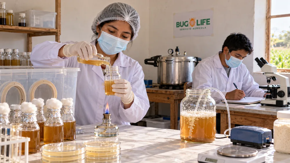 Técnica inoculando un frasco de medio de cultivo junto a un mechero de alcohol en un espacio de producción artesanal, con una olla a presión y frascos de vidrio