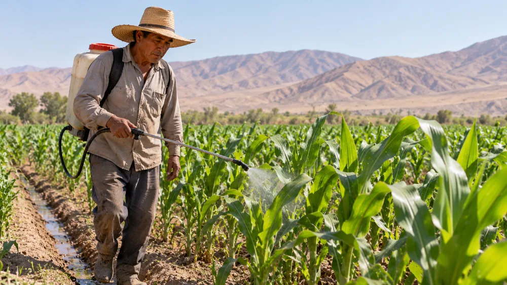 Agricultor aplicando Bacillus thuringiensis con mochila en su campo de maíz